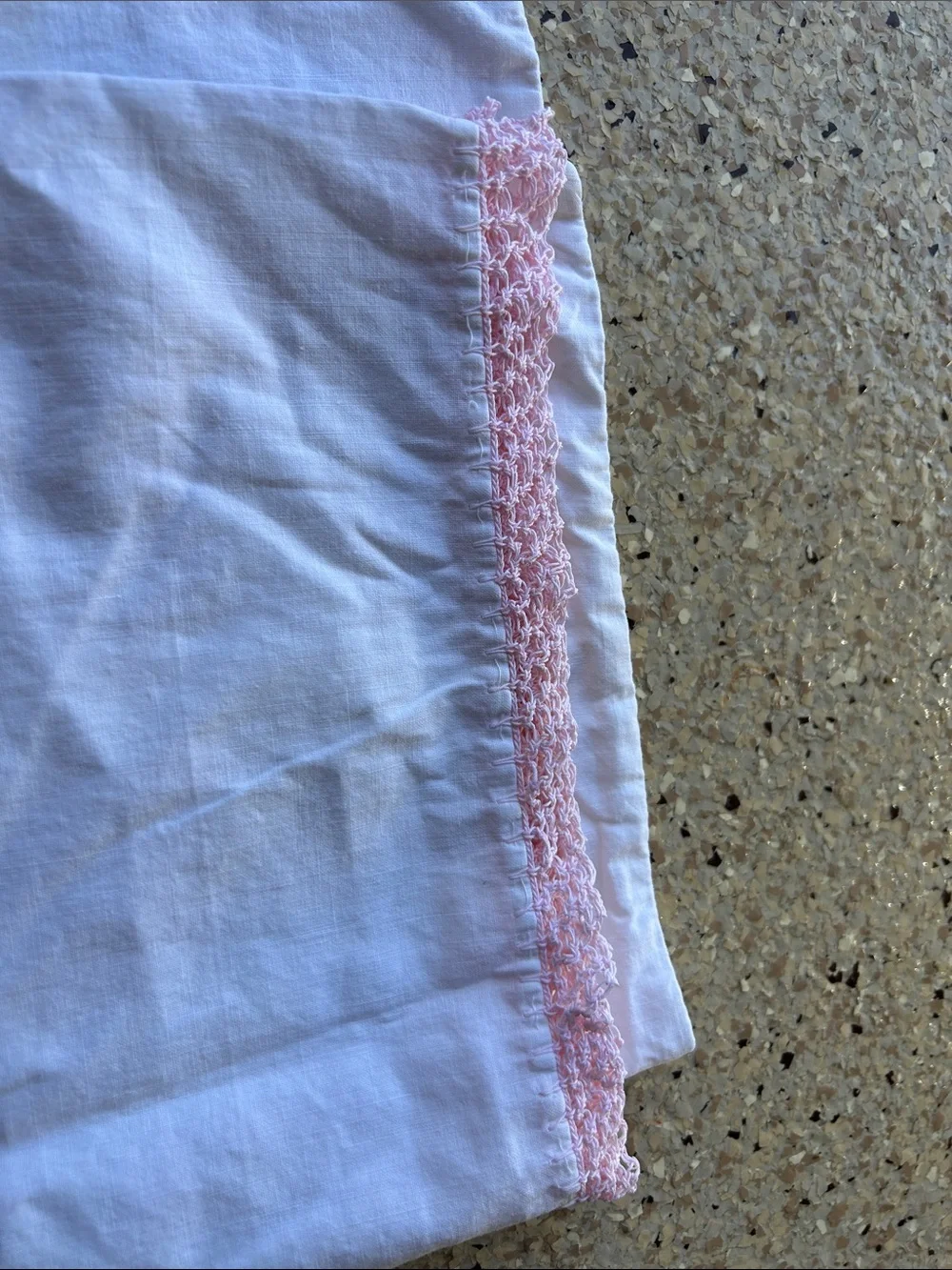 Vintage Pair of White Linen Pillowcase with Pink Lace Trim